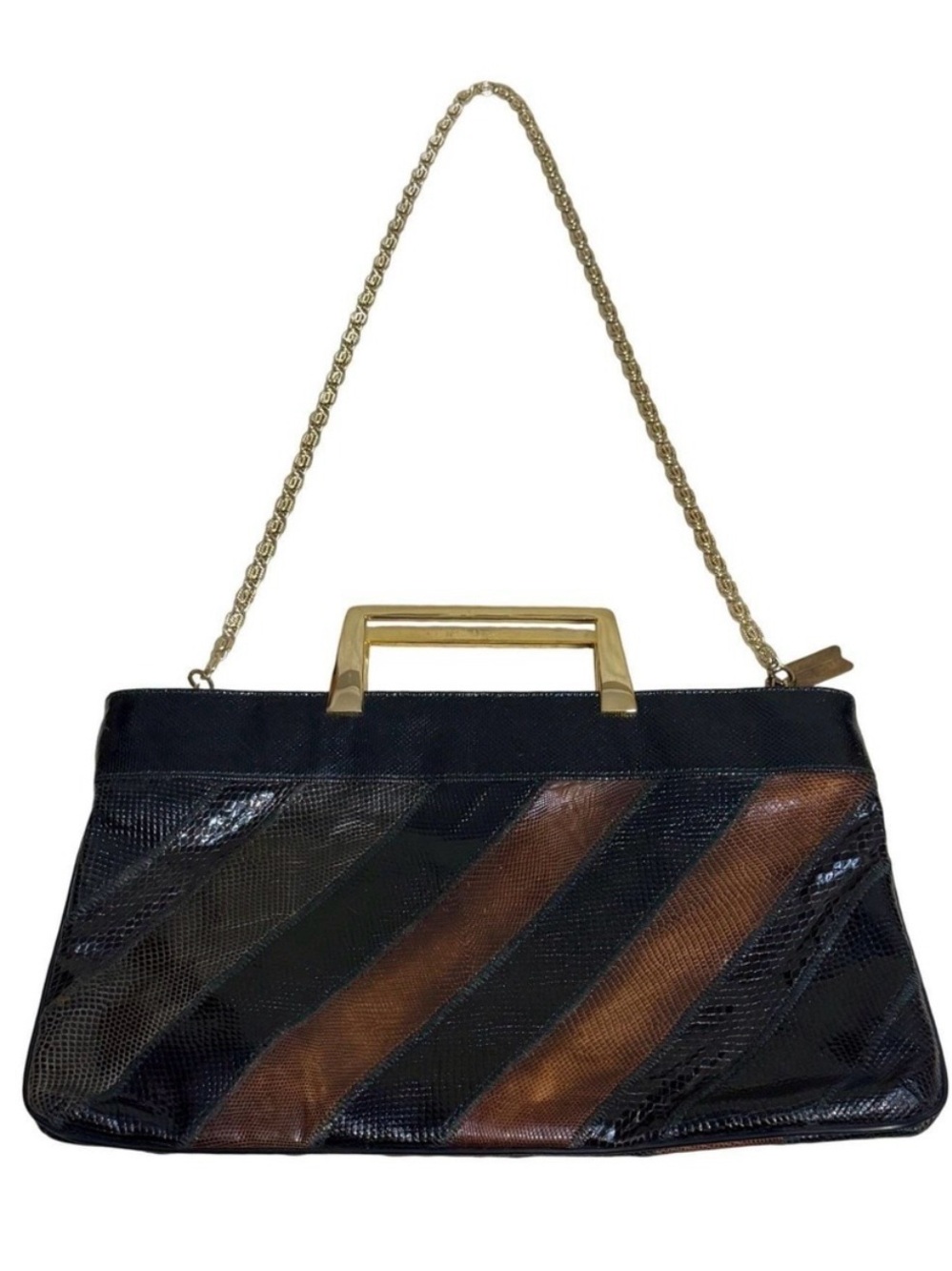 Vintage Bags by Varon Leather Patchwork Clutch Gold Chain Black Brown Tan 80s